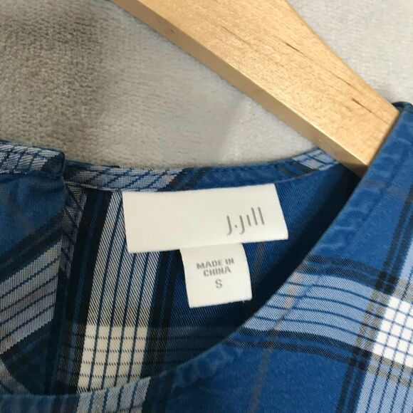 J. Jill Top Womens Small Blue Plaid Chambray 3/4 Sleeve A Line Hi Low Button - Picture 7 of 12